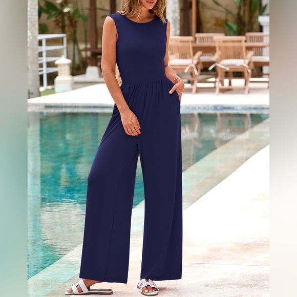 BTFBM Pants - Sz M BTFBM Womens Casual Jumpsuits  crewneck stretchy Dressy Navy  Blue